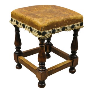 Spanish Renaissance Brown Distressed Leather Walnut Footstool Stool Ottoman For Sale