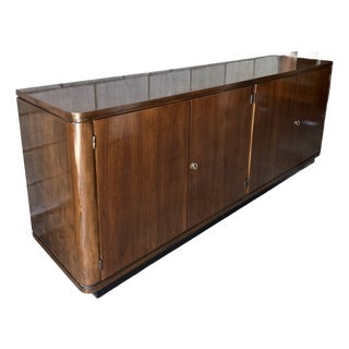 Monumental European Art Deco Walnut Credenza / Sideboard – Streamline Moderne Cabinet For Sale
