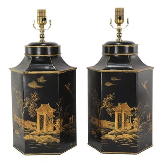 Pair of 20th-Century Vintage Hand-Painted Chinoiserie Hexagonal Tole Tea Caddy Lamps For Sale