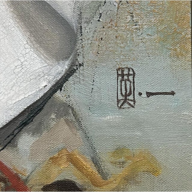 Mid-Century Modern Mid-Century Japanese Noh Theater Original Oil Painting by Hideki Hanabusa, C. 1960's For Sale - Image 3 of 3