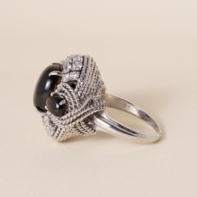 Vintage 5 Carats Black Star Sapphire 3 Stone Diamond Cocktail Ring, Size 7.25 For Sale - Image 4 of 7