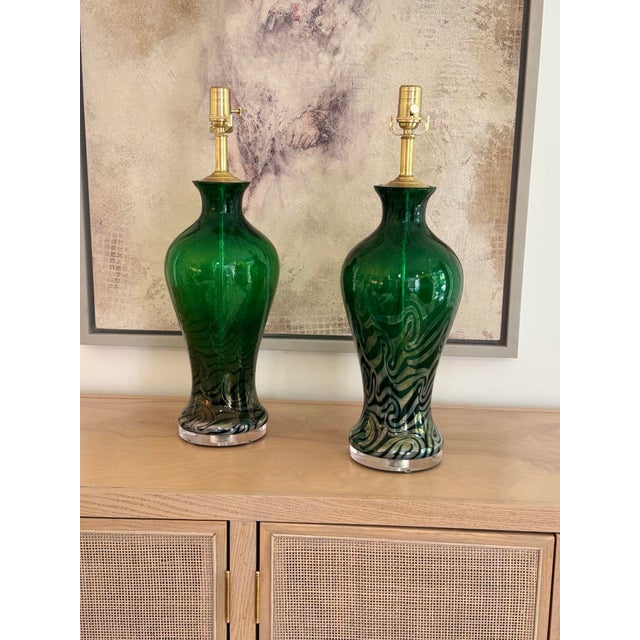 Emerald Green Vintage Murano Lamps With Iridescent Glass Swirl Effect For Sale - Image 9 of 12