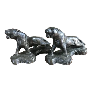 1920s Bronze Tiger Armor Bronze Company Aged Patina Bookends - Set of 2