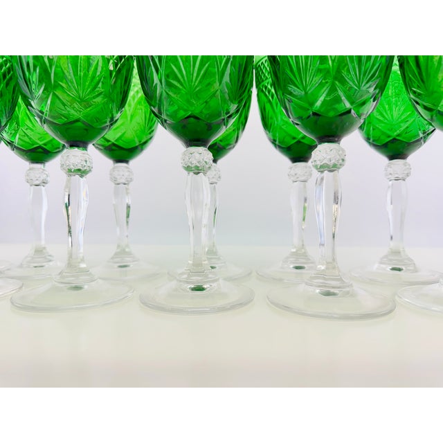 Vintage Emerald Green Pressed Glass Water Goblets With Clear Stems, Set of 13 For Sale - Image 10 of 13
