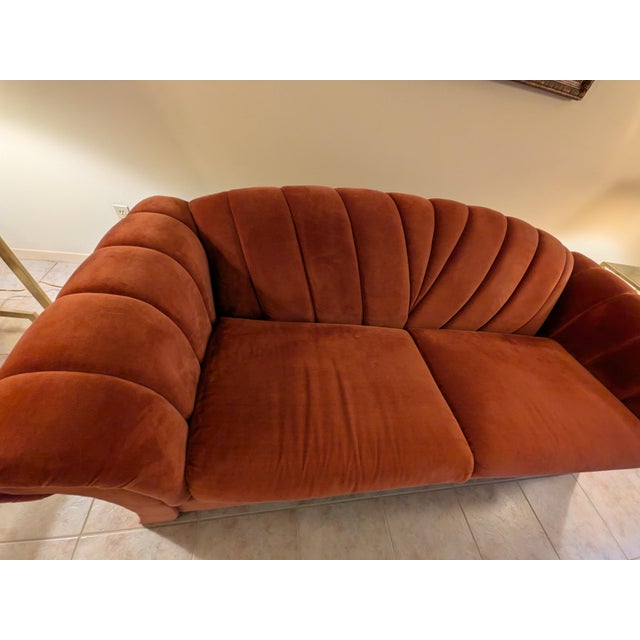 Postmodern 1980s Bernhardt Flair Channel-Tufted Scroll-Arm Terracotta Velvet Loveseat For Sale - Image 3 of 12