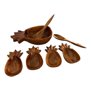 Vintage Hand Carved Monkey Pod Pineapple Serving Set - 7 Pieces. For Palm Beach Regency, Tropical, Tiki Bar, Luau, Beach Decor or Coastal Entertaining