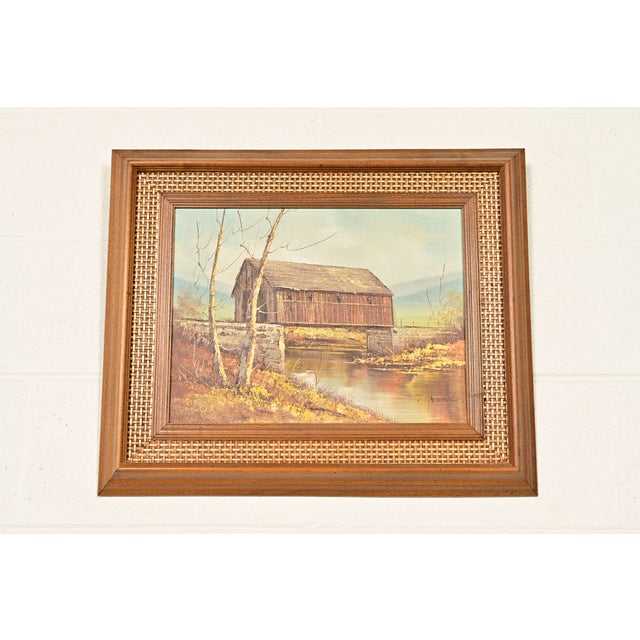 Original Artist Signed Oil Painting on Canvas Rural Landscape of "Covered Bridge" in Carved Walnut and Woven Rattan Frame For Sale - Image 14 of 14