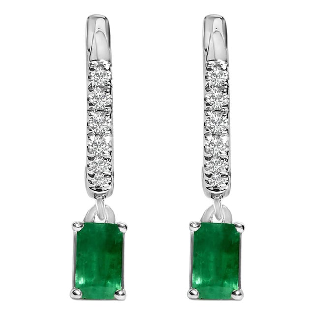 10K White Gold Oval Green Emerald and 1/8 Cttw Diamond Drop Earrings, A Pair For Sale