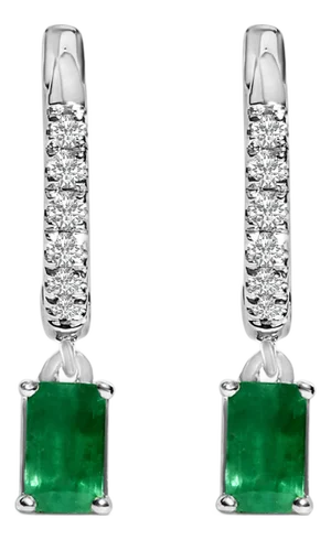10K White Gold Oval Green Emerald and 1/8 Cttw Diamond Drop Earrings, A Pair