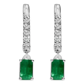 10K White Gold Oval Green Emerald and 1/8 Cttw Diamond Drop Earrings (I-J Color, I1-I2 Clarity) For Sale