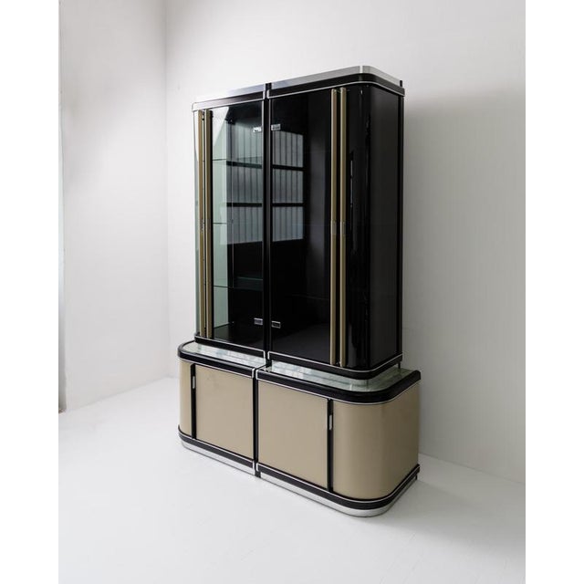 Vintage Art Deco Style Bar Cabinet in Lacquered Wood, Green Marble, Aluminium and Curved Smoked Glass, 1950s For Sale - Image 5 of 17