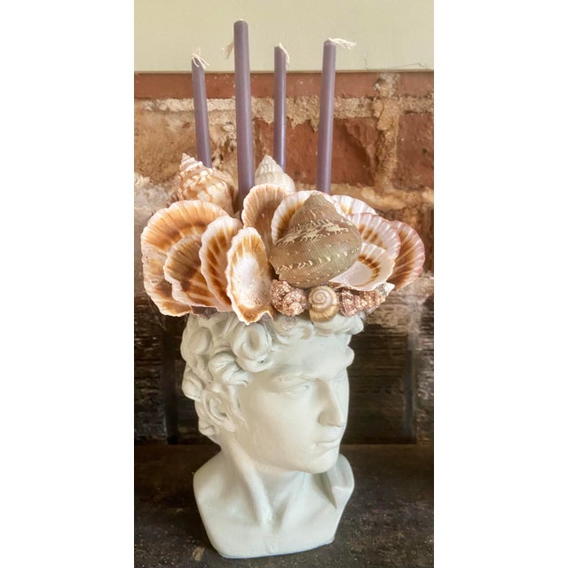 Shell-Encrusted Bust in Farrow & Ball “Blue Gray” #91 with Hidden Candle Holders by May River Neptune. A singular...