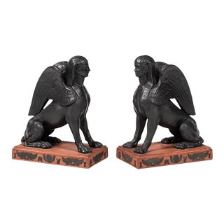 Pair Antique 19th Century Wedgwood Rosso Antico Black Basalt Figures of Egyptian Sphinx For Sale