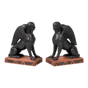 Pair Antique 19th Century Wedgwood Rosso Antico Black Basalt Figures of Egyptian Sphinx