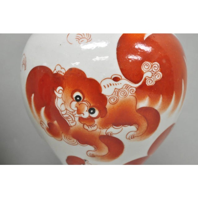 Ceramic Vintage Chinese Hand Painted Foo Dog Porcelain Covered Ginger Jar - A Pair For Sale - Image 7 of 17