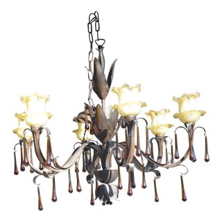Large Brown Metal Slender Leaves Chandelier From Italy W/ Amber Murano Glass Drops & Yellow Tulip Glass Shades For Sale