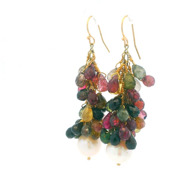 Dark Green 14k Multi-Color Tourmaline Cascade Earrings With Freshwater Pearl Drops, A Pair For Sale - Image 8 of 9
