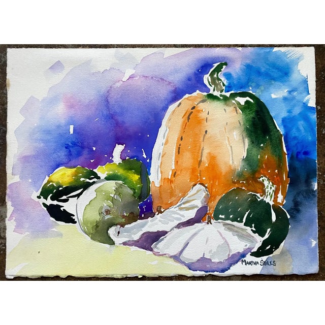 Gourds, squash and pumpkin watercolor by Deerfield Valley Art Association artist Martha Luey Stiles (born 1944). Signed...