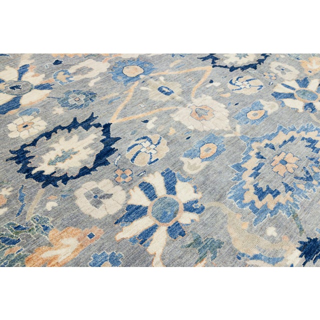 2020s 12x15 Modern Floral Oushak Style Wool Area Rug in Muted Slate Blue For Sale - Image 5 of 11