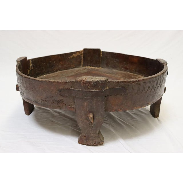 Brown Antique Indian Hand Carved Chakki Rice Mill Stool or Ottoman, 1950s For Sale - Image 8 of 17