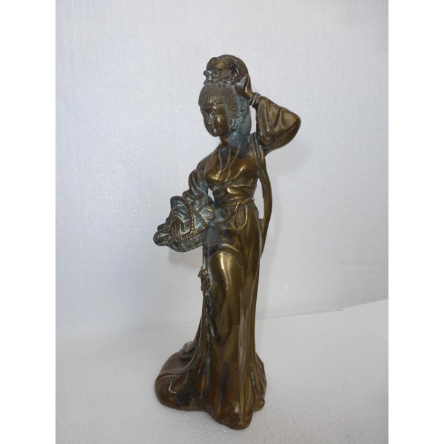 Vintage Asian Woman Figurine Holding Basket Bronze Sculpture For Sale - Image 12 of 12