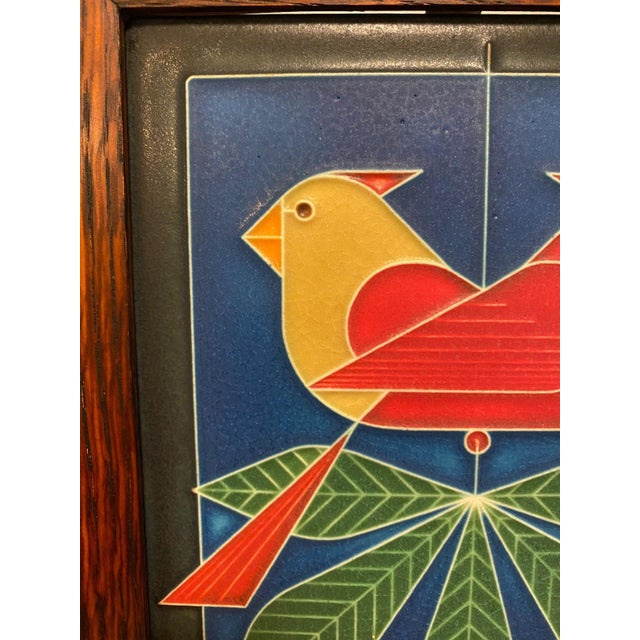 Mid-Century Modern Motawi Tileworks Birds Tile "Cardinals Consorting" Based on Charley Harper Design, Oak Frame by Dard Hunter Studios For Sale - Image 3 of 10