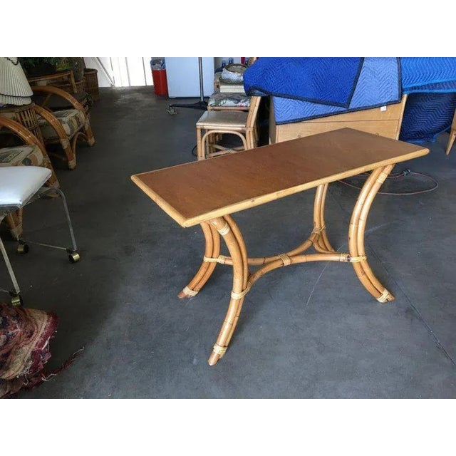 1950s Restored Rattan "Hour Glass" Sofa/Console Table With Mahogany Top For Sale - Image 4 of 6