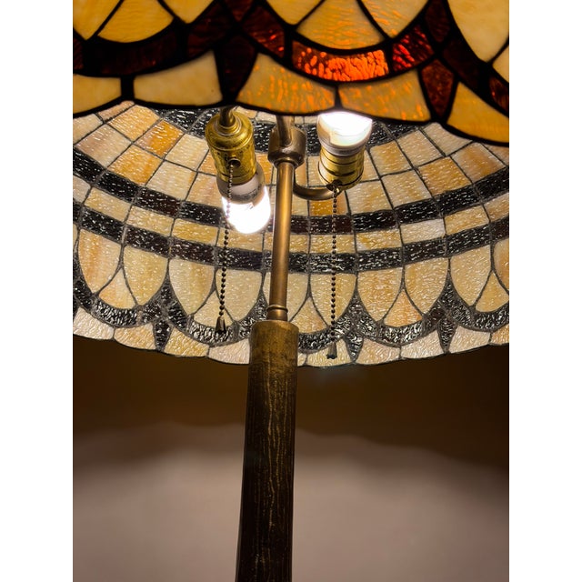 Vintage Tiffany Revival Leaded Stained Glass Table Lamp With Cast Brass Tree-Form Base For Sale - Image 9 of 12