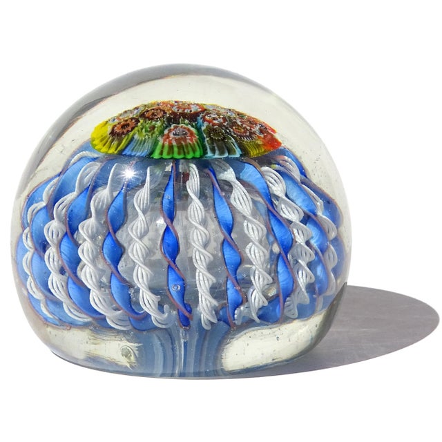 Mid-Century Modern Vintage Murano Millefiore Flowers Twisting Zanfirico Ribbons Italian Art Glass Crown Top Paperweight For Sale - Image 3 of 6