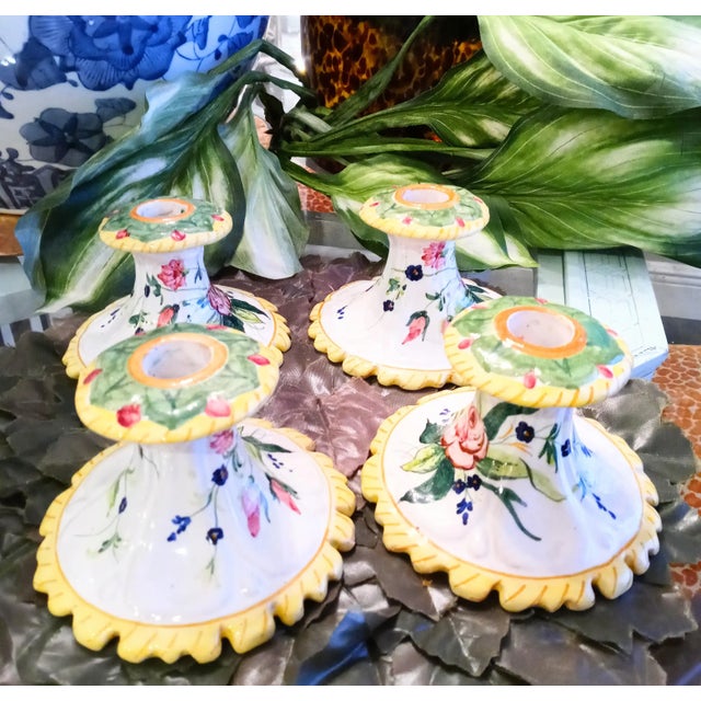 Vintage Italian Hand Painted Floral Short Candle Stick Holders Set of 4 For Sale In West Palm - Image 6 of 8