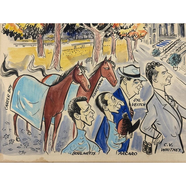 Paint Cornelius Vanderbilt (c.v.) "Sonny" Whitney at the Prestigious Prix De l'Arc De Triomphe at Longchamp Watercolor by Pierre Bellocq Aka "Peb" For Sale - Image 7 of 9