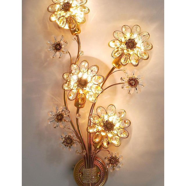 Metal Large Gilt Brass & Crystals Flower Wall Light from Palwa, 1970s For Sale - Image 7 of 17
