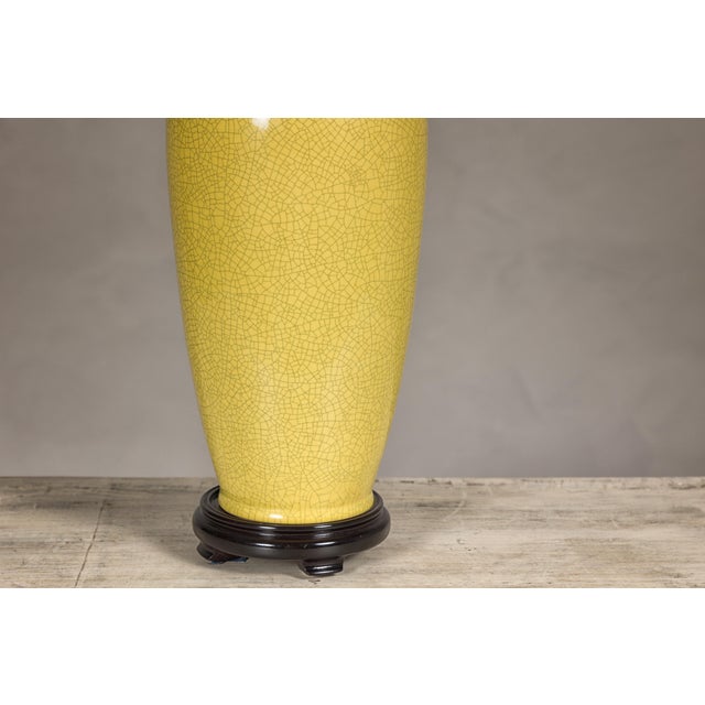 Yellow Yellow Crackle Glazed Ceramic Vase Made into Table Lamp on Wooden Base For Sale - Image 8 of 9