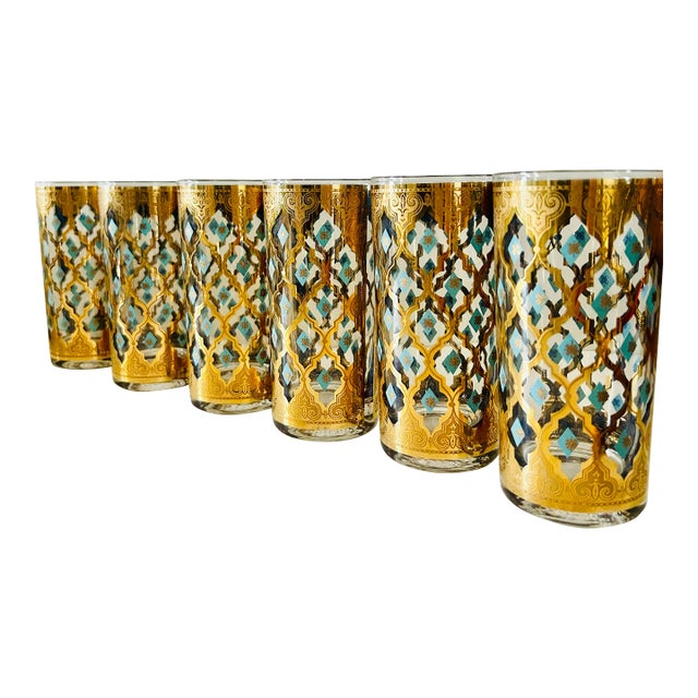 1960s Culver Valencia Blue & Gold 22k Highball Glasses- Set of 6 For Sale