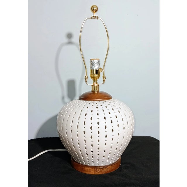 Ralph Lauren Vintage Ralph Lauren Designer Perforated White Ceramic Lamp W/ Shade For Sale - Image 4 of 7