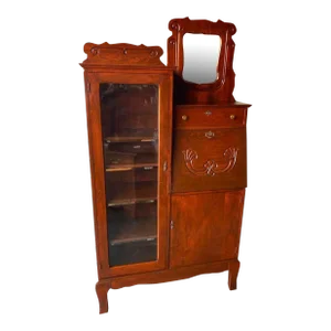 Early 20th Century Antique Side by Side Secretary Desk With Bookcase Curved Glass