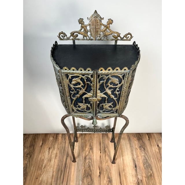 Gothic Antique Gothic Revival Cast Iron and Brass Phone Stand Attr. Oscar Bach or Bertram Segar C. 1920 Greenwich Village For Sale - Image 3 of 13