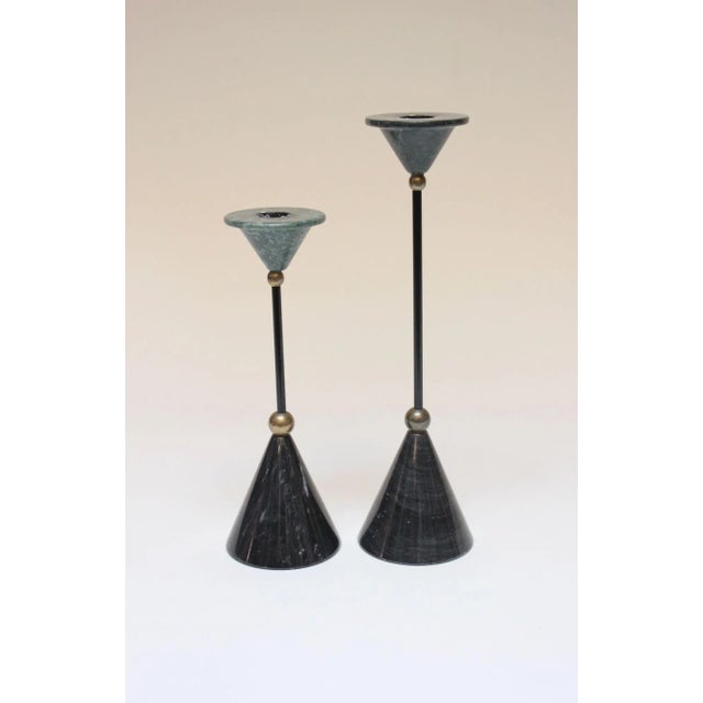 Memphis Postmodern Style Green and Black Marble Candleholders - Set of Two For Sale - Image 13 of 13