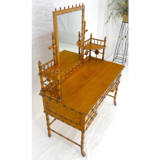 Fine Faux Burnt Bamboo Vanity Dressing 5 Drawers Table Tilting Mirror MINT For Sale - Image 18 of 18