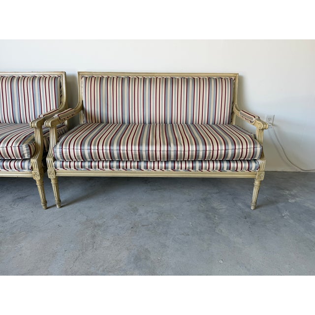 1970s Vintage French Neoclassical Louis XV Style Striped Upholstery Settees – Pair For Sale - Image 5 of 17