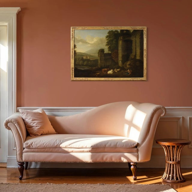 Italian Artist, Bucolic Landscape with Ruins, 1680, Oil on Canvas, Framed For Sale - Image 4 of 15