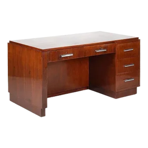 1930s Restored French Geometric Art Deco Rose Wood and Chrome Executive Desk W/ Bookshelves