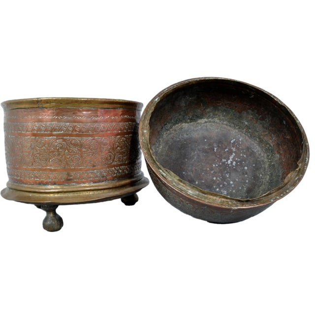 Brass Antique 18th Century Islamic Ottoman/Turkish Brass Engraved Brazier 1700 For Sale - Image 8 of 9