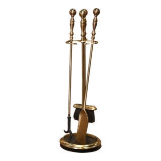 Mid-Century French Brass and Iron Four-Piece Fireplace Tool Set on Stand For Sale