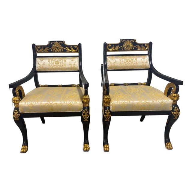 1960s Pair of Italian Hollywood Regency Empire-Style Black & Gold Lion-Head Armchairs For Sale