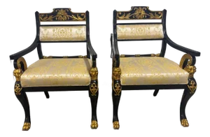 1960s Pair of Italian Hollywood Regency Empire-Style Black & Gold Lion-Head Armchairs