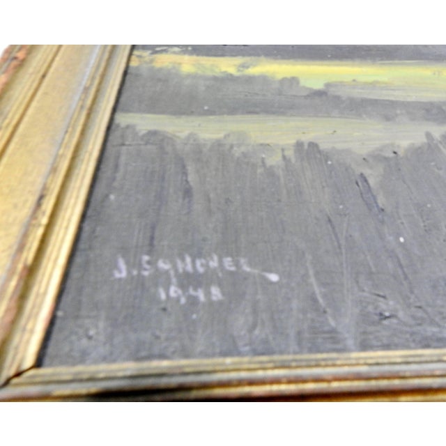 Wood Midcentury Signed Painting on Board J. Sanchez, 1949 For Sale - Image 7 of 10