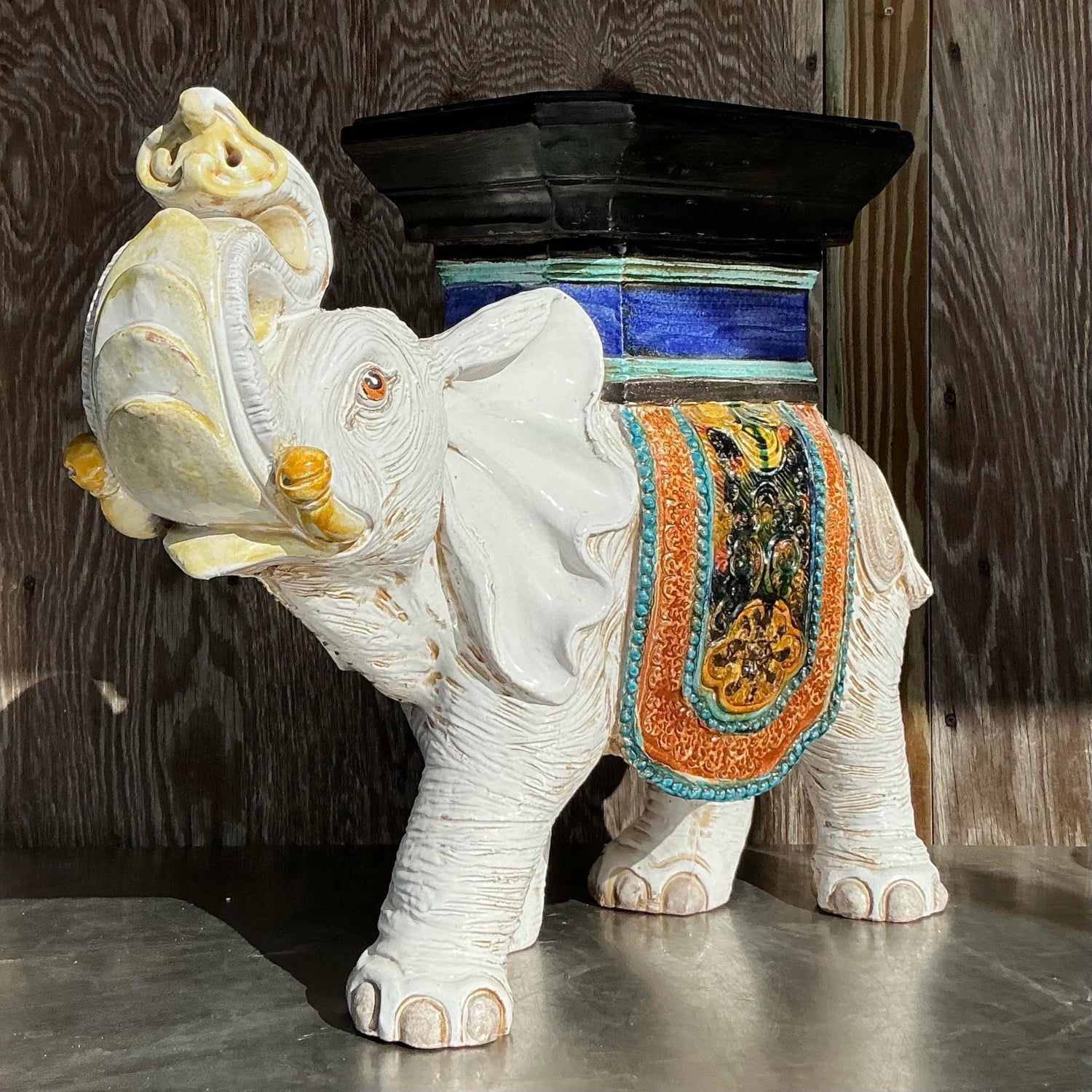 Vintage Boho Glazed Ceramic Elephant Low Stool - Ceramic, 26W x 21.25H — additional photo 5
