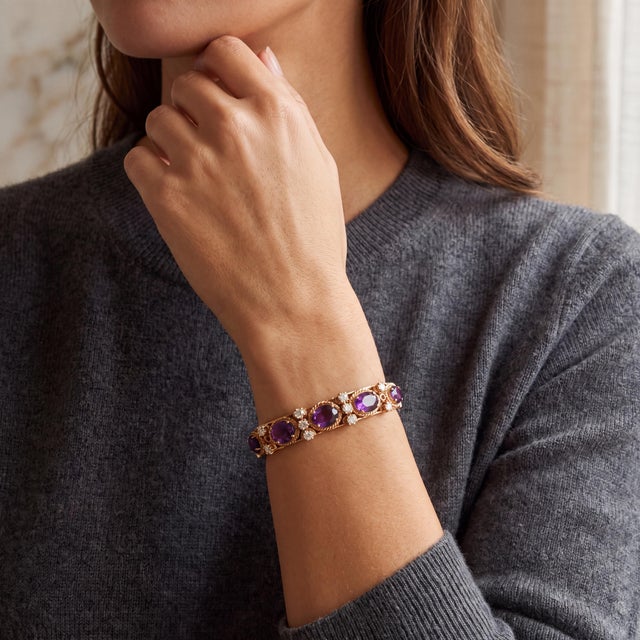 Mid-Century 13k Yellow Gold Amethyst and Diamond Hinged Bracelet For Sale - Image 4 of 4