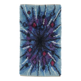 Vintage Swedish Rya Runner With Blue and Purple Sunburst Pattern - Rug & Kilim For Sale